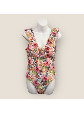 Floral Ruffled One-Piece Swimsuit With Deep V-Neck Womens Size Large New Swim